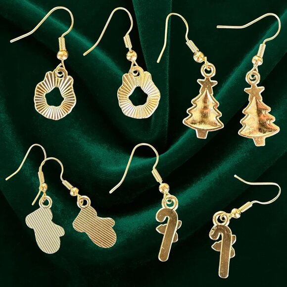 Christmas Earrings Set Gold Tone Red Green Enamel Holiday Jewelry Giftable - Picture 8 of 8